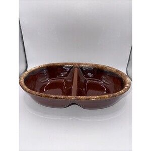 Vintage H.P. Hull USA Brown Drip Pottery Divided Casserole Dish Oven Proof EUC